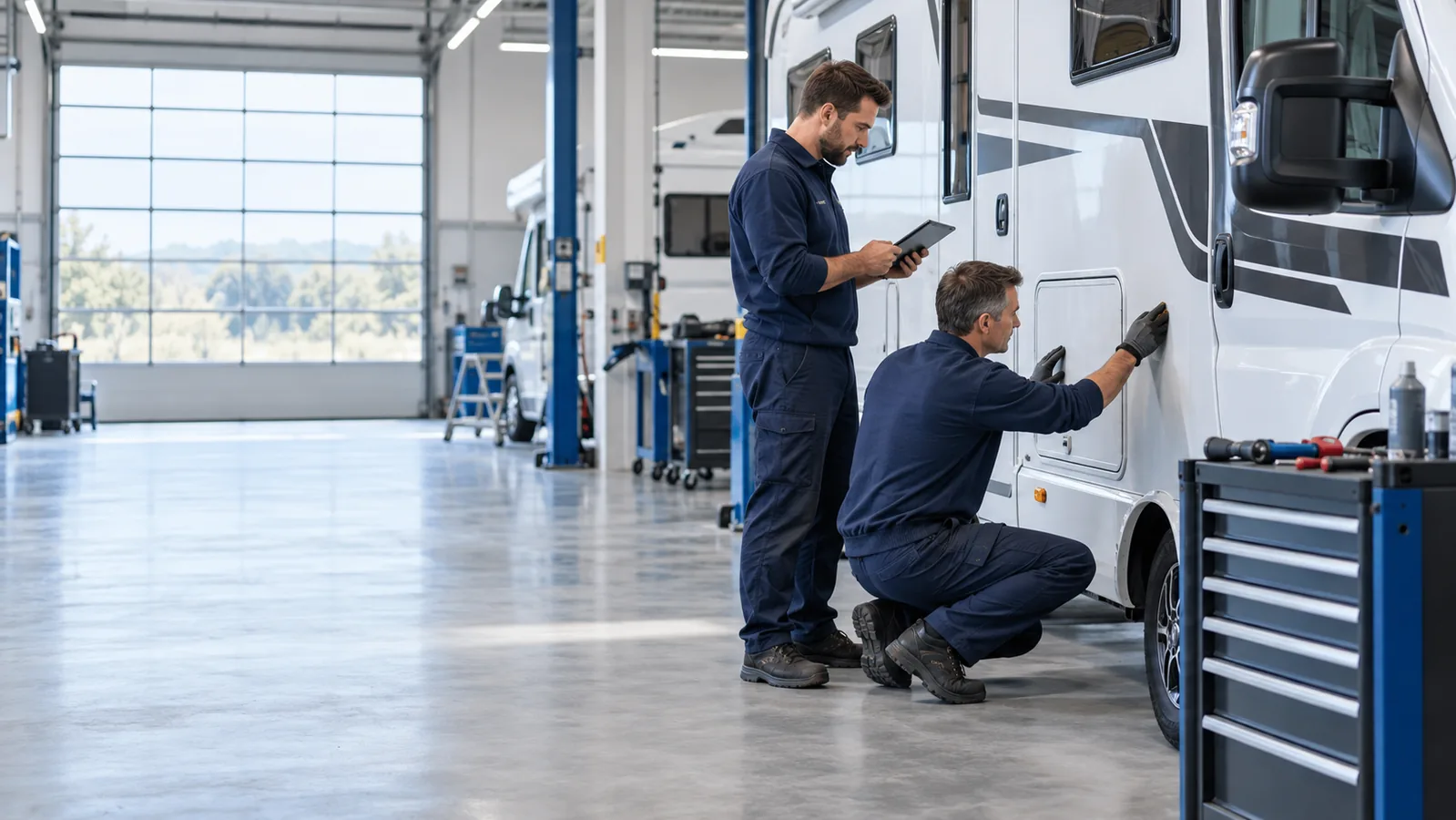Techniciens spécialisés inspectant un camping-car dans un atelier de réparation